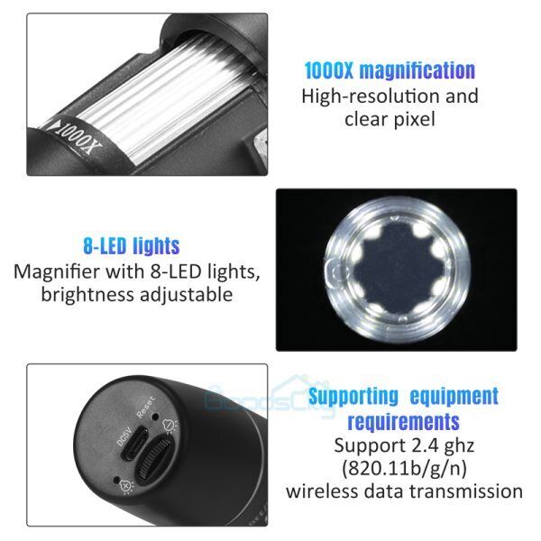 nytt 8 LED 1600X 10MP WIFI digitalt mikroskop Endoskop forstørrelseskamera med stativ