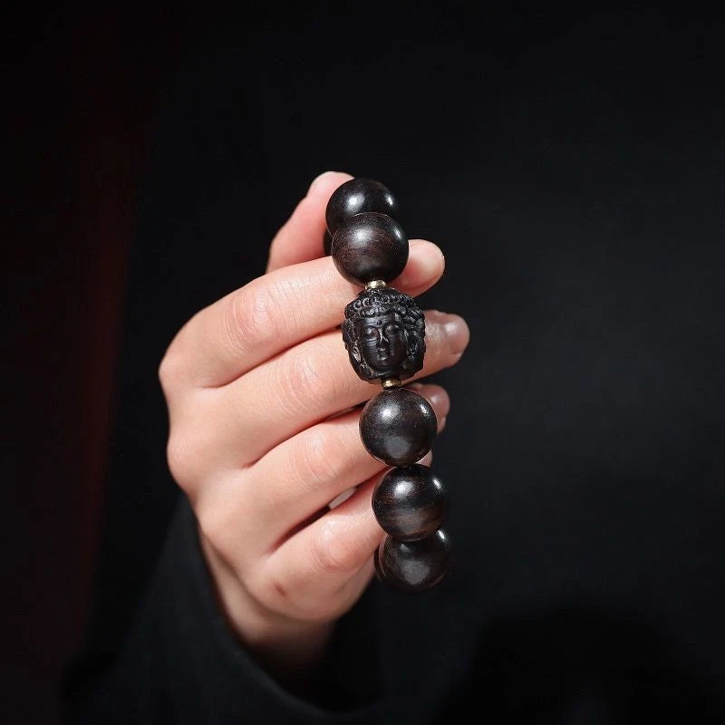 Agarwood Carved 3 Face Guanyin Beads Bracelet Tara Prayer Beads 18mm 07FC0E-D4 - KOEEK