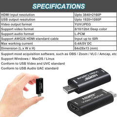 new 4K HDMI to USB 2.0 Video Capture Card 1080P Cam Link Game Black 07FC0E-D4 - KOEEK