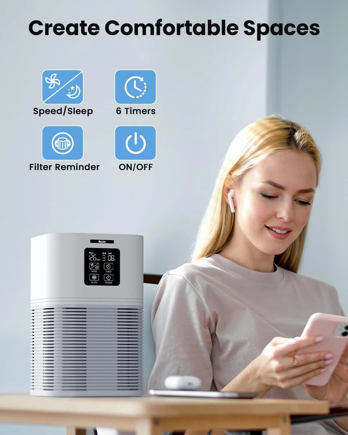 Home air purifier with 6 timers forsilent cleaning of pet dander and wildfires. 07FC0E-D4 - KOEEK
