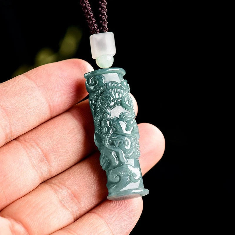 Exquisitely Natural Jadeite Handcarved Dragon Pillar Pendant Amulet Necklace 07FC0E-D4 - KOEEK