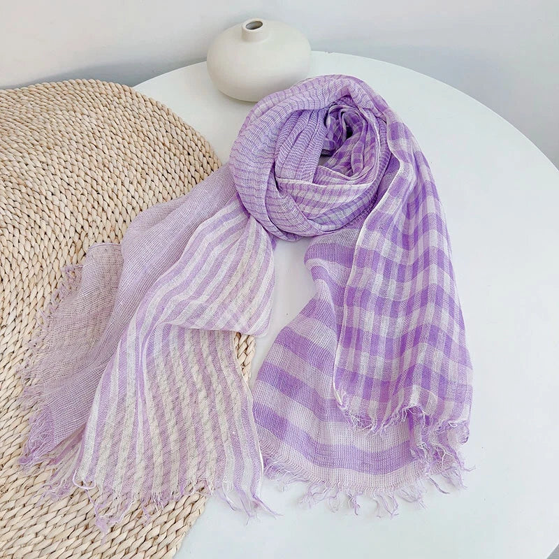 Unisex  Flax Linen Thin Scarf Tasseled Preppy Plaid Shawl Bandana Wrap 07FC0E-D4 - KOEEK