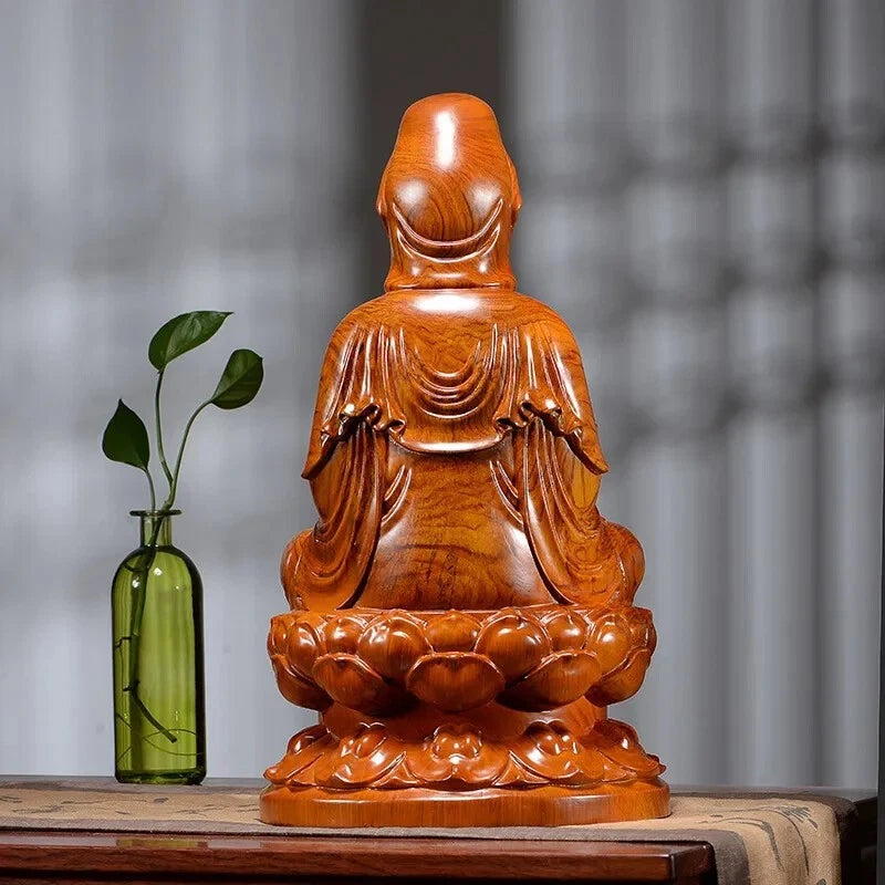 13CM Buddha Statue Seated Lotus Guanyin Buddha Figure Wood Pear Carving Buddhism 07FC0E-D4 - KOEEK