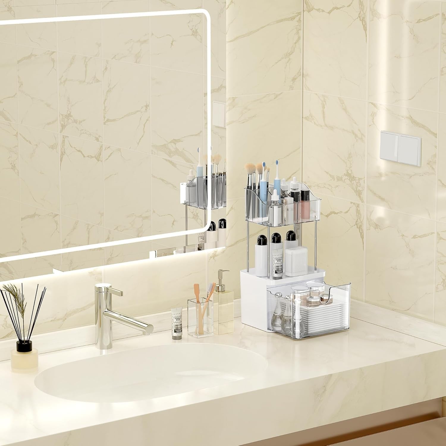 new Bathroom Countertop Organizer with Drawer - 3 Tier Makeup for clear 07FC0E-D4 - KOEEK