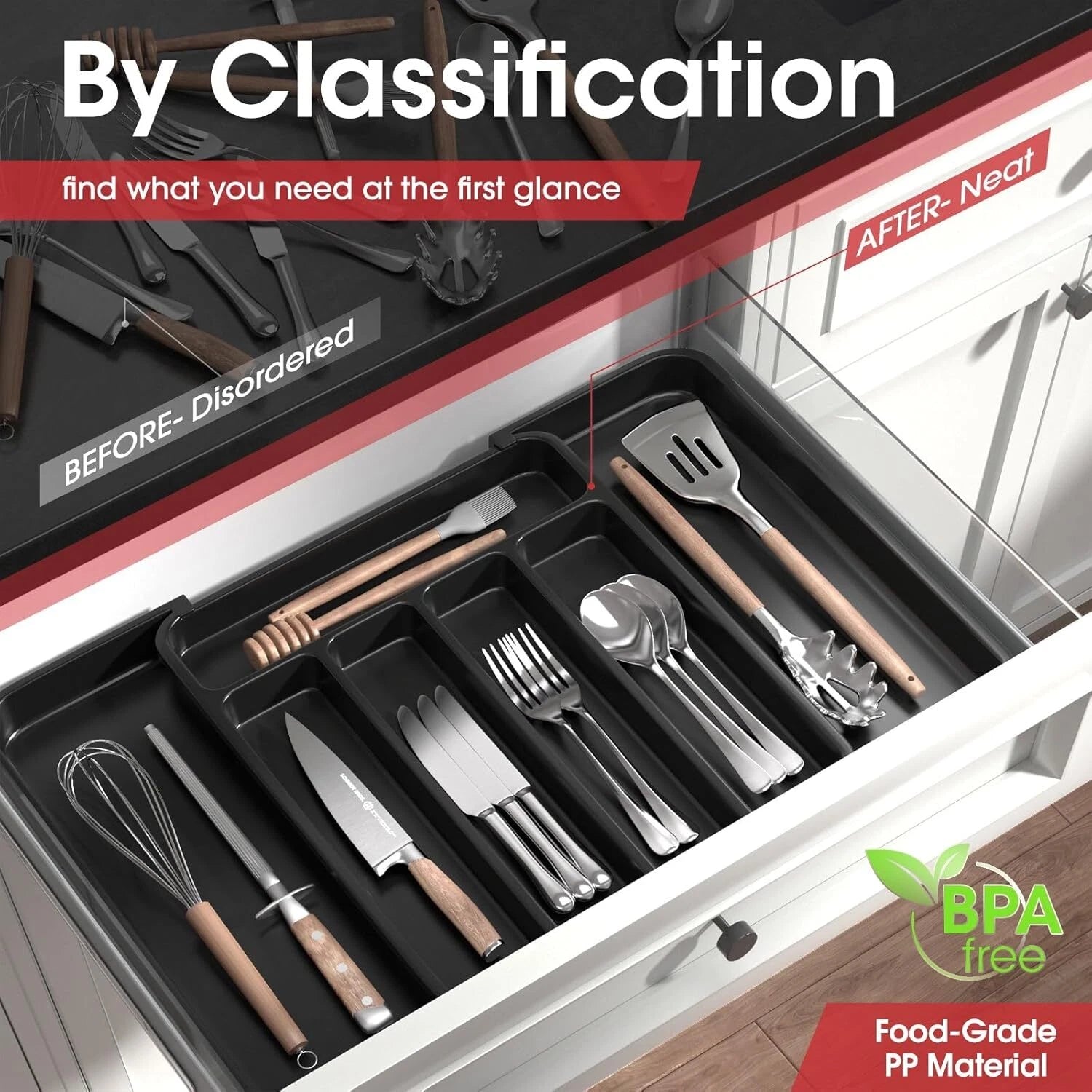 Silverware Organizer - Expandable Kitchen Drawer Organizer, Adjustable Utensil 07FC0E-D4 - KOEEK