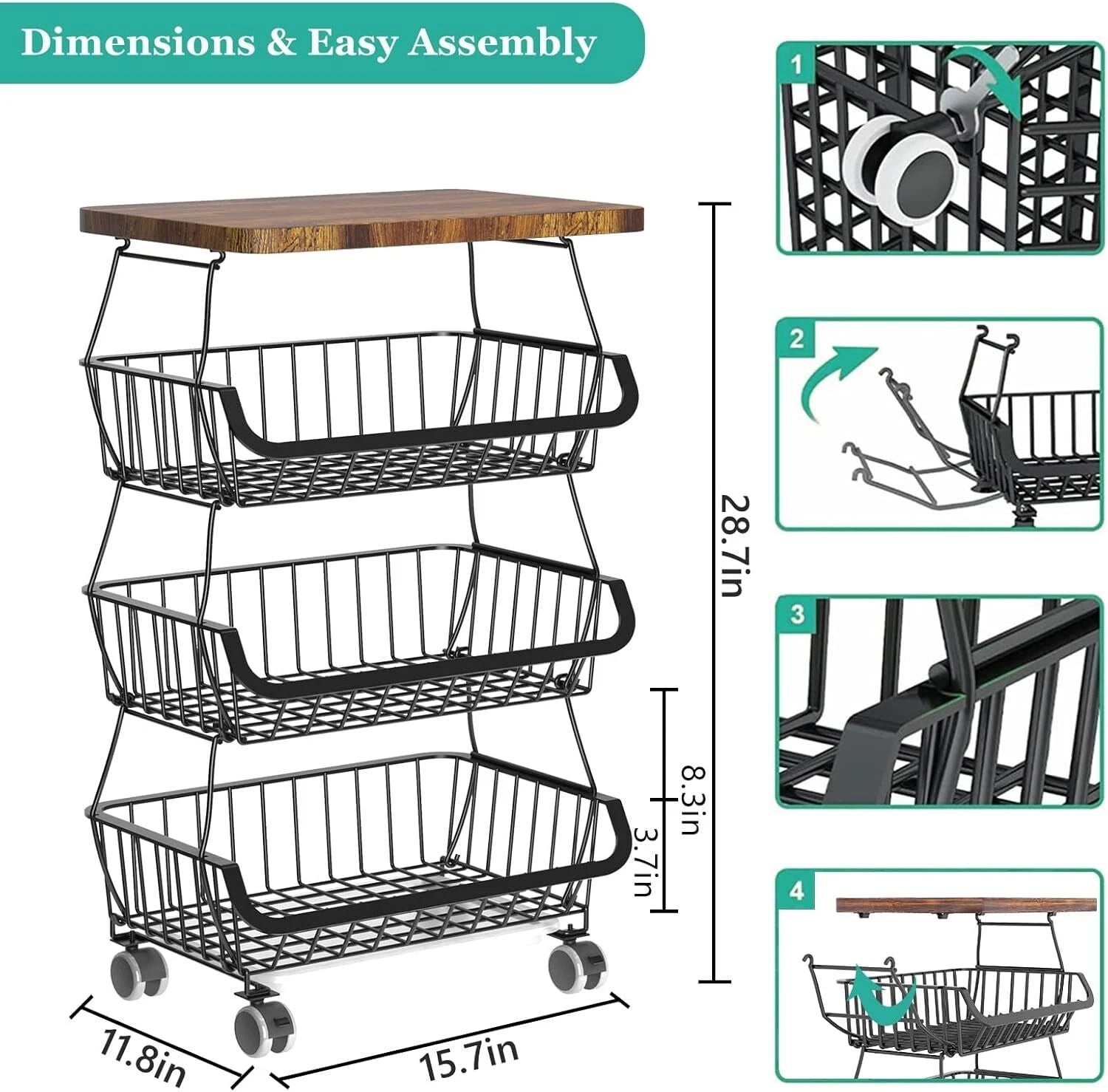 Kitchen Fruit Basket with Wooden Lid, 4 Tier Stackable Wire Storage Basket 07FC0E-D4 - KOEEK
