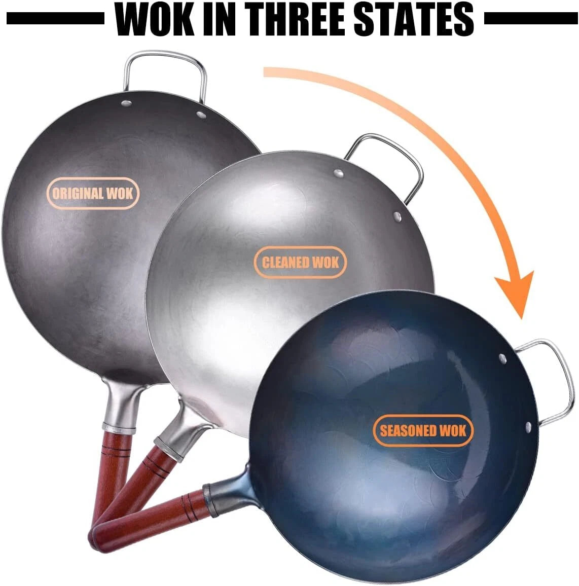 Carbon Steel Frying Pan Traditional Handmade - Chinese Frying Pan Set 07FC0E-D4 - KOEEK