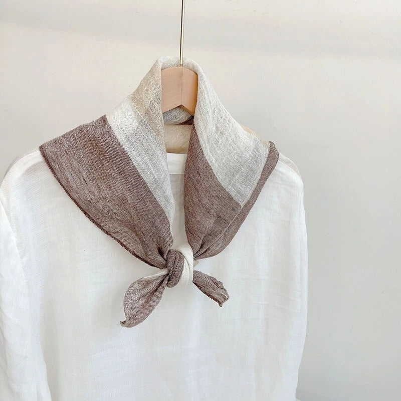 Womens  Flax Linen Brown Striped Bandana Neck Wrap Neckerchief Shawl Scarf 07FC0E-D4 - KOEEK