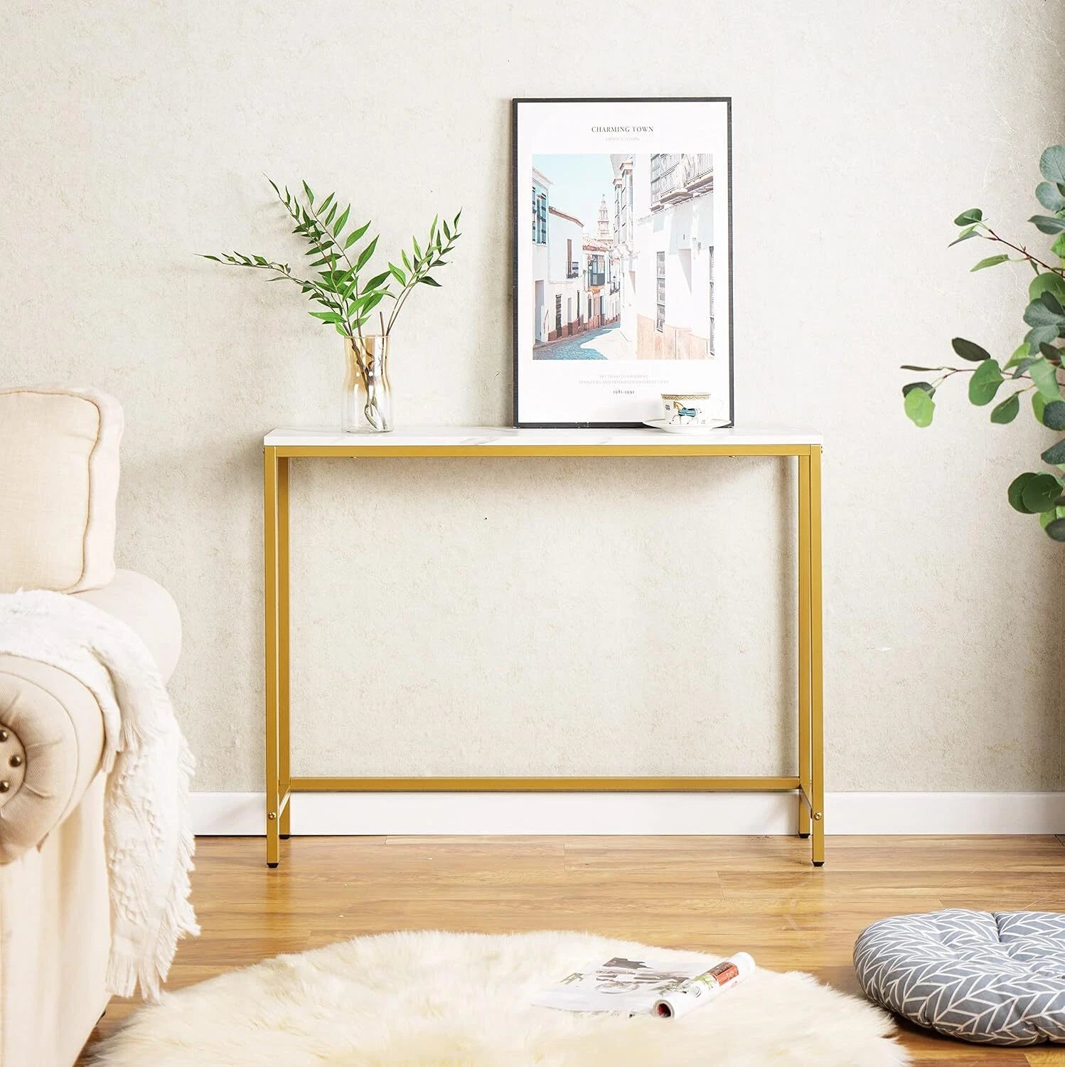 Entryway Dresser,Faux Marble MDF SofaTable withGold Border (Single,White Marble) 07FC0E-D4 - KOEEK