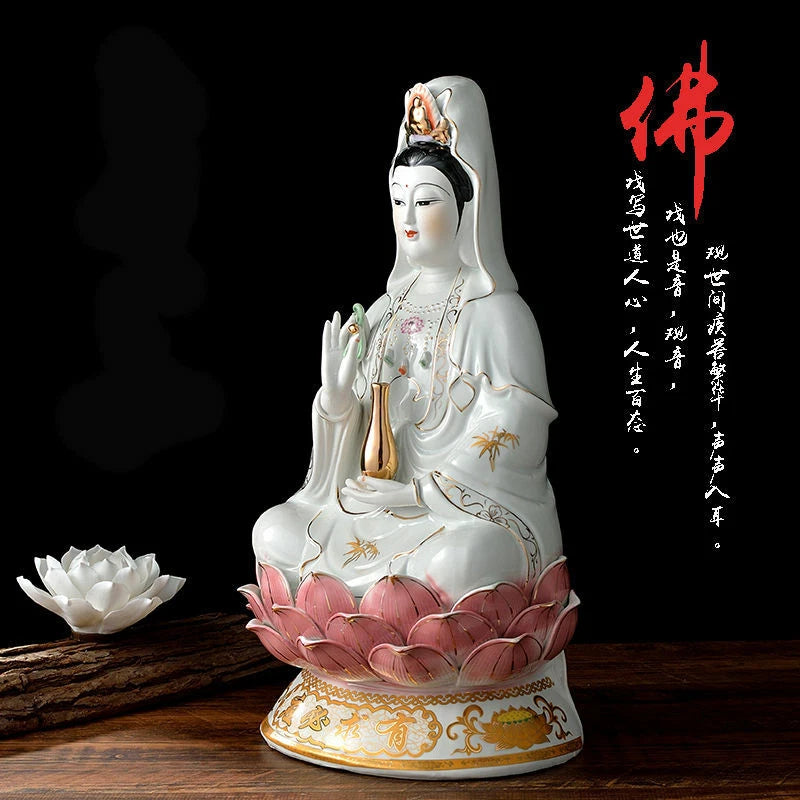 25cm Ceramic Lotus Guanyin Bodhisattva Statue Buddhist Supplies Home Decoration 07FC0E-D4 - KOEEK
