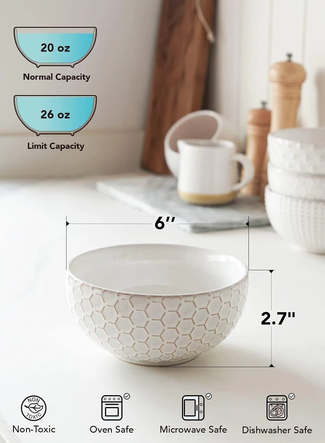 Cereal Bowl, 26 oz, Kitchen Ceramic Soup Bowl, 6 inch, Set of 4, Arctic White 07FC0E-D4 - KOEEK