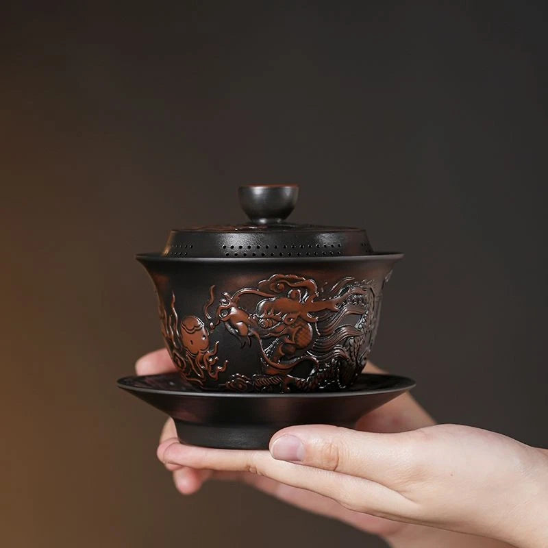 Handcrafted Vintage San Cai Dragon Lidded Tea Bowl Gongfu Tea Set Home 07FC0E-D4 - KOEEK