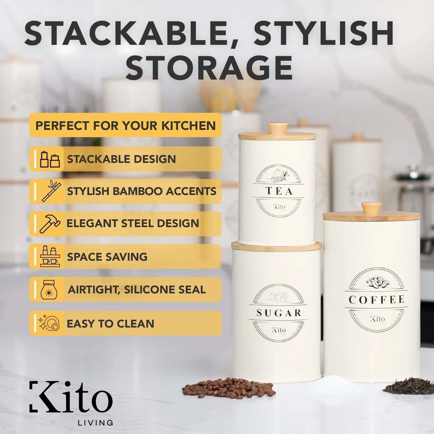 Jar Set for Kitchen Countertop Storage, Food Storage Containers Cream Color 07FC0E-D4 - KOEEK