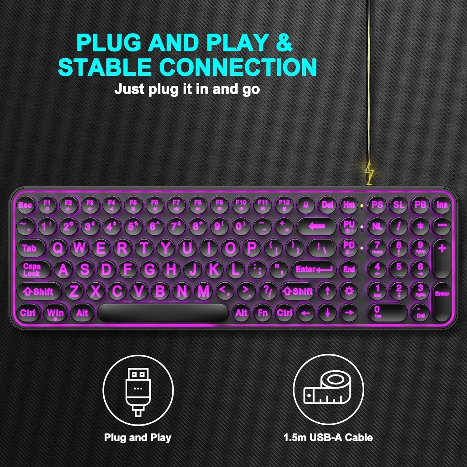 new Large Print Backlit Keyboard, Wired USB Lighted Computer Multi-color 07FC0E-D4 - KOEEK