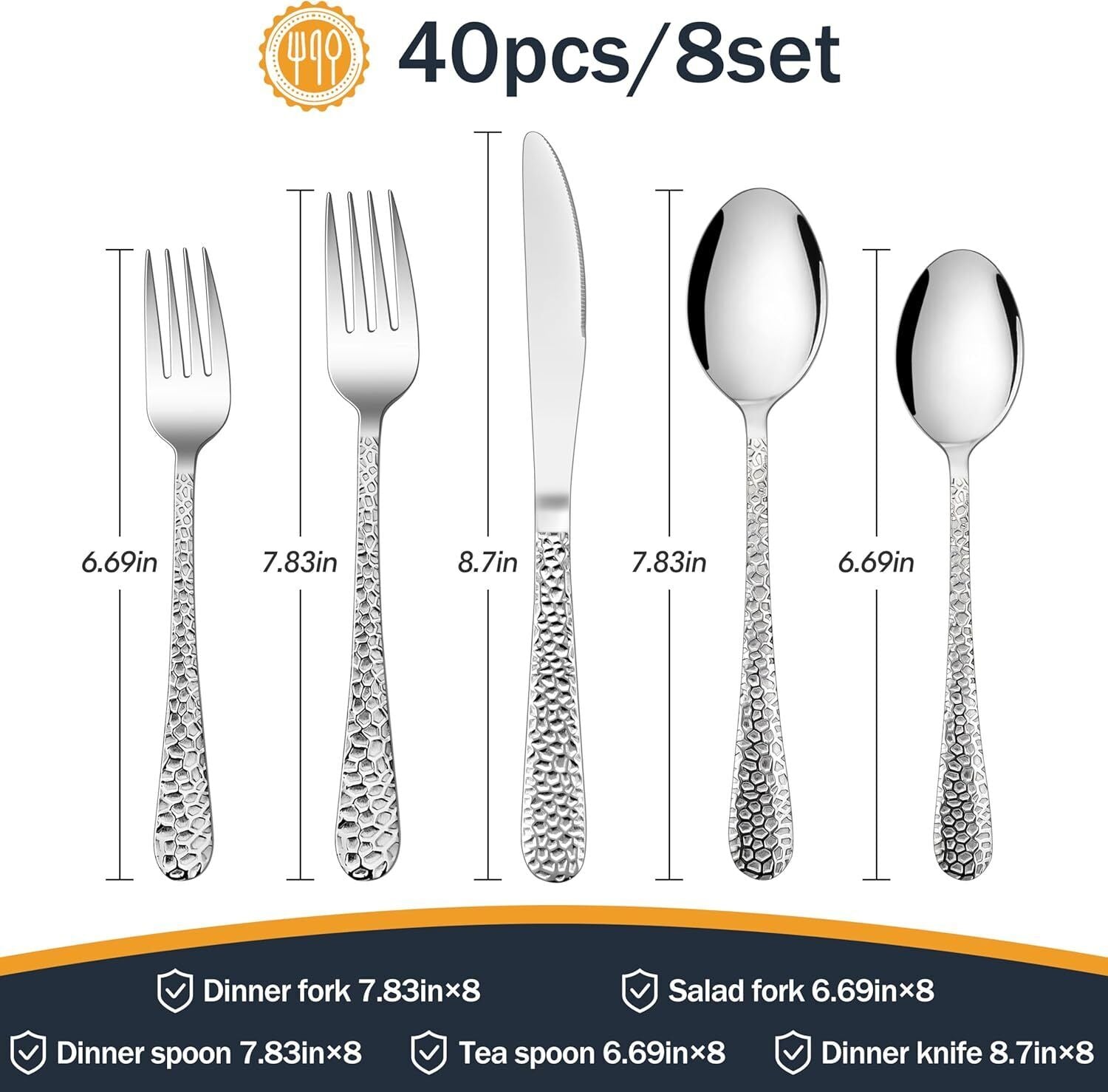 used HaWare Hammered Silverware Set, 40-Piece Stainless Steel Flatware Set Silver HAWARE - KOEEK