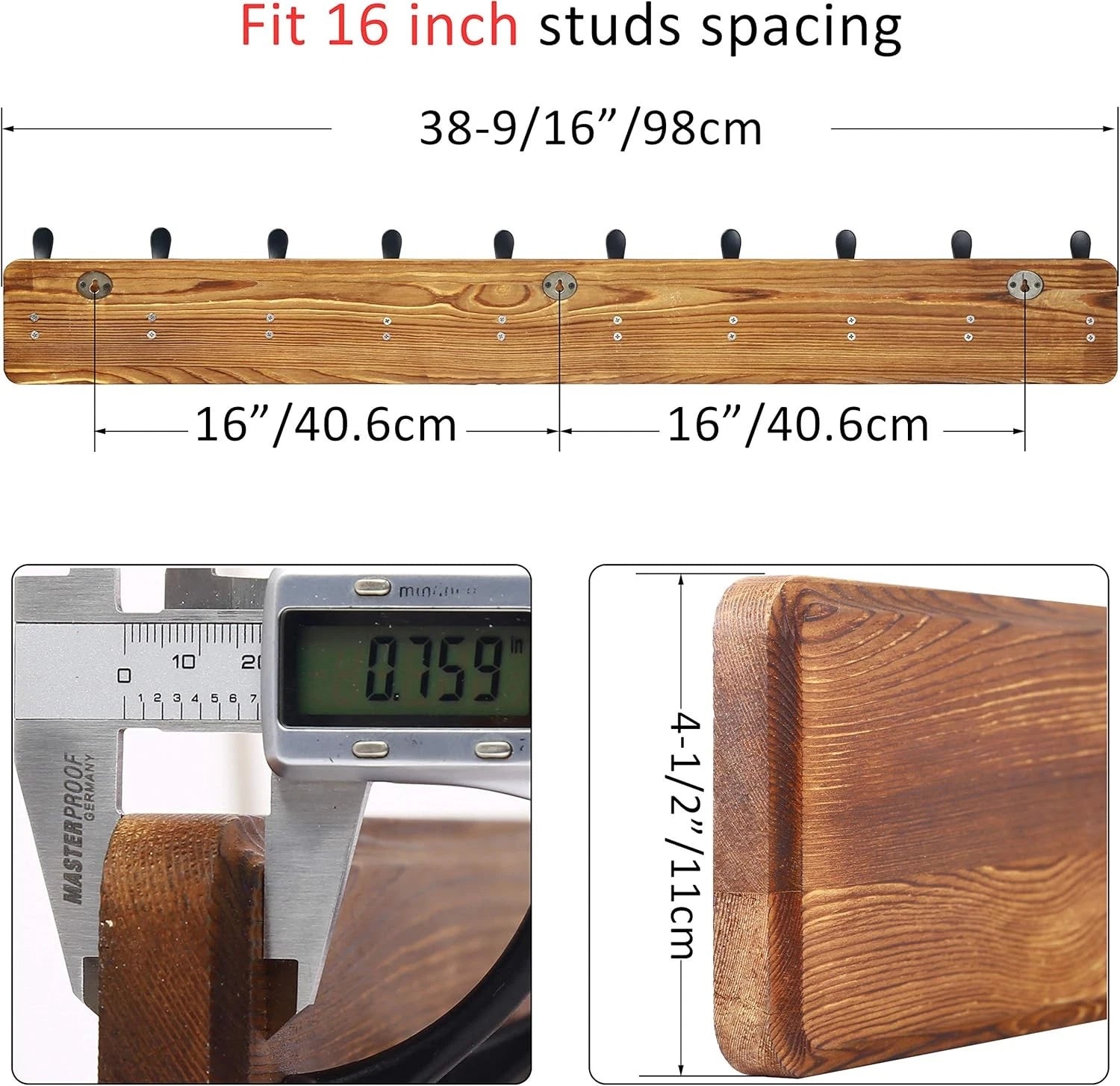 Wall-mounted coat rack, 38 9/16 inches long, 10 triple hooks, brown finish 07FC0E-D4 - KOEEK
