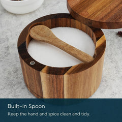 Acacia Wood Salt Cellar Bowl Box with Built-in Spoon to avoid Dust 07FC0E-D4 - KOEEK