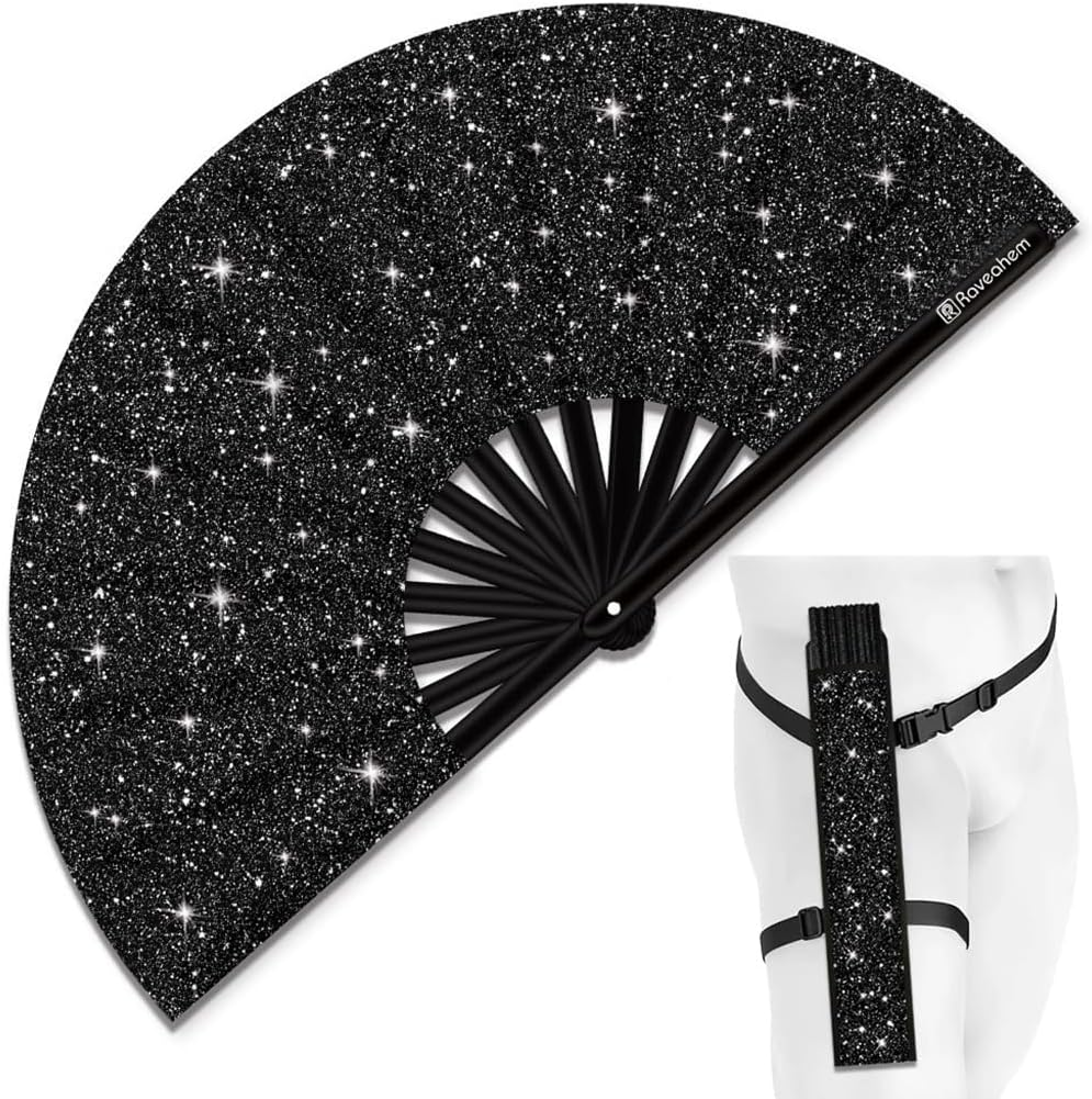 new Glitter Large Rave Folding Clack Hand Fan with Holster for Men/Women Handheld Fa koeek - KOEEK