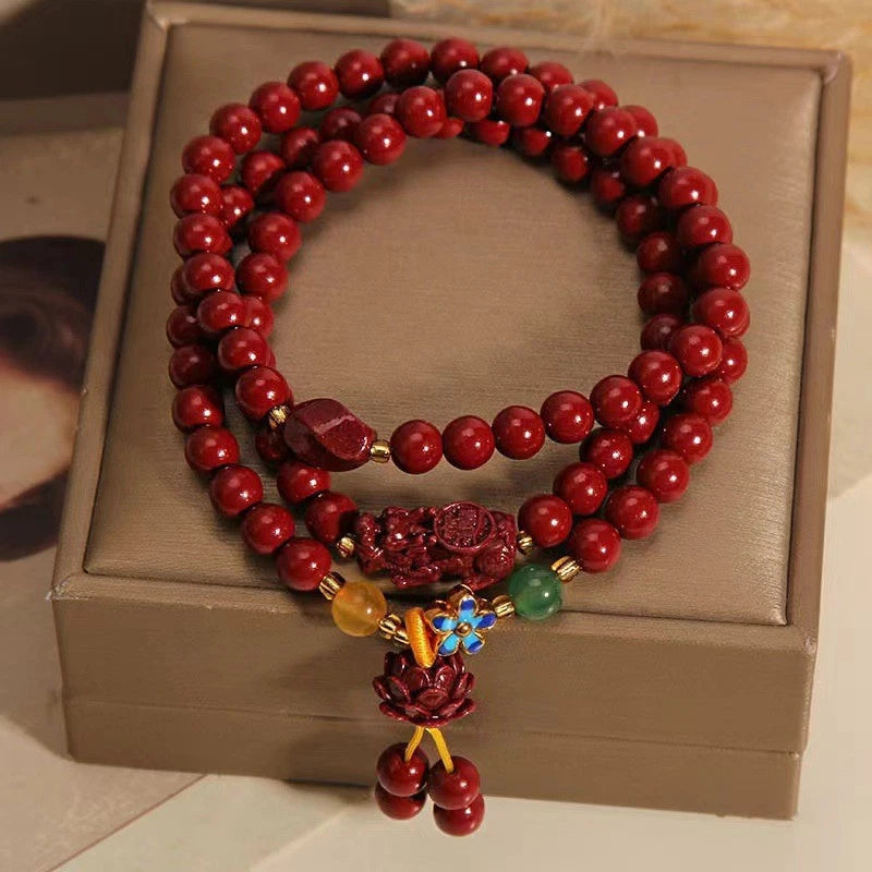 Natural Cinnabar Handcarved Pi Xiu Luck Bracelet Prayer Beads Amulet Bangle 07FC0E-D4 - KOEEK
