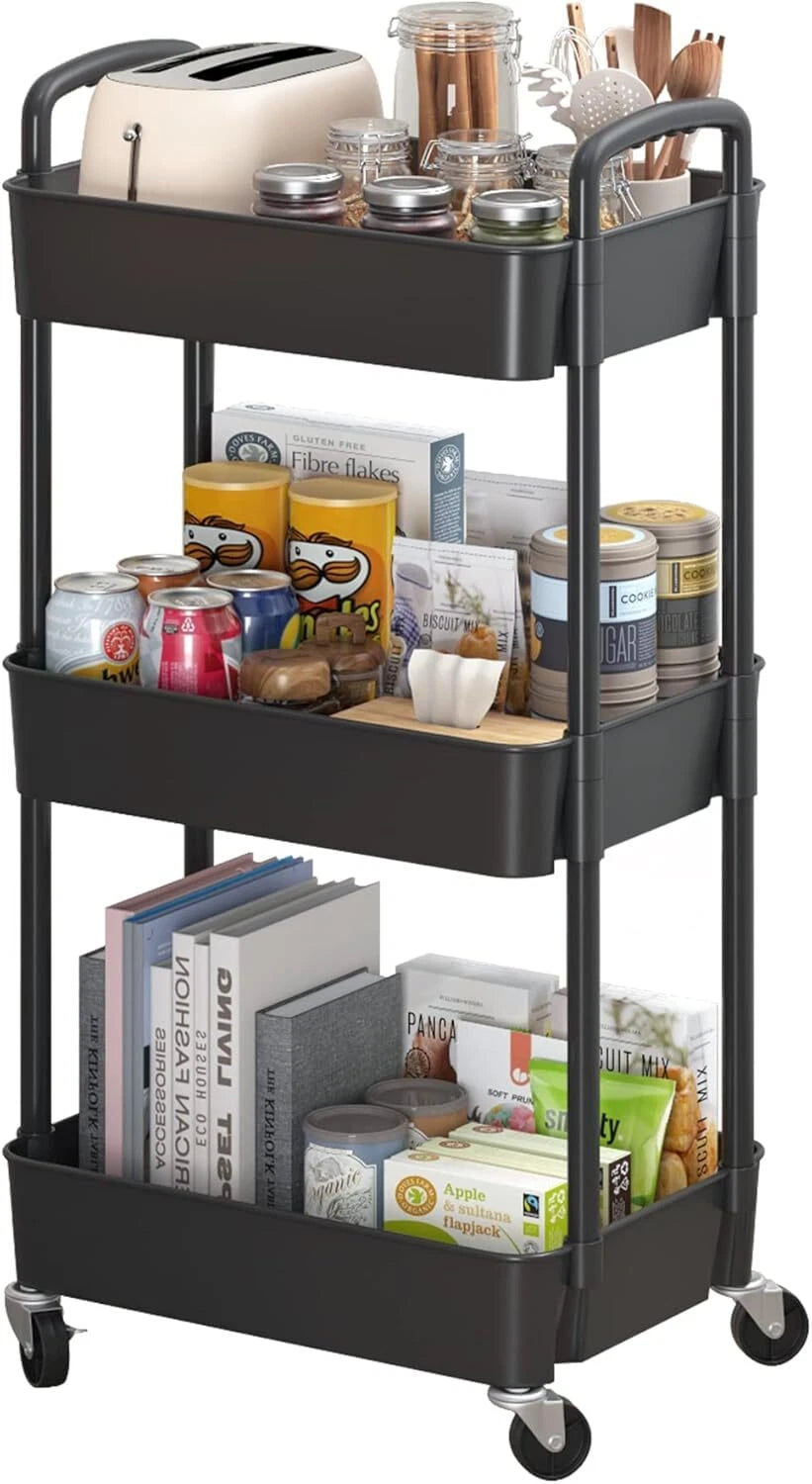 3-Tier Plastic Rolling Utility Cart with Handle,Multi-Functional Storage Trolley 07FC0E-D4 - KOEEK