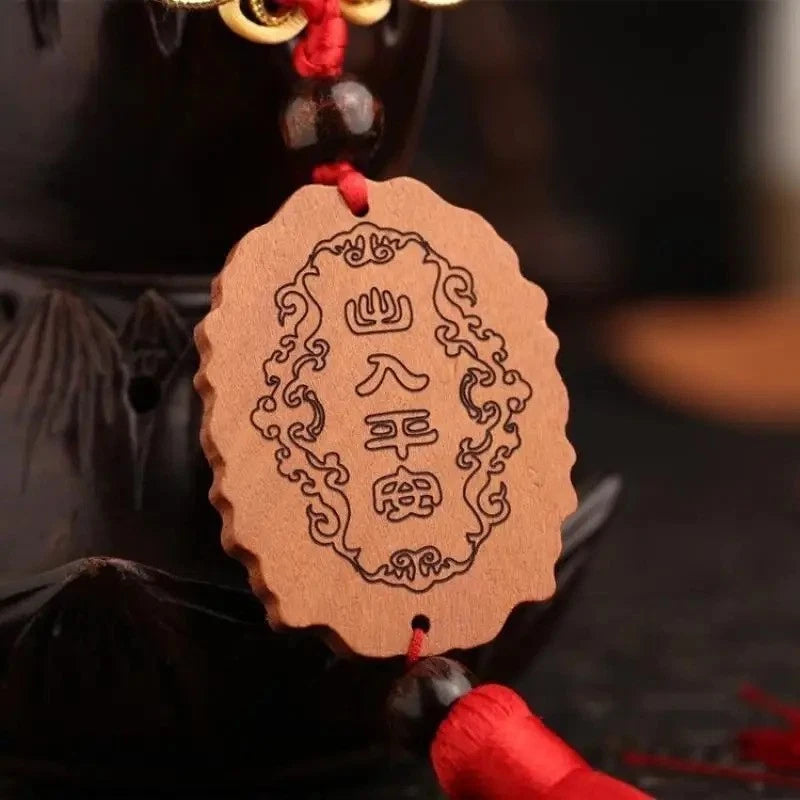 Chinese PingAn Bats Peach Wood HandCarved Tassels Knot Car Pendant Amulet 07FC0E-D4 - KOEEK