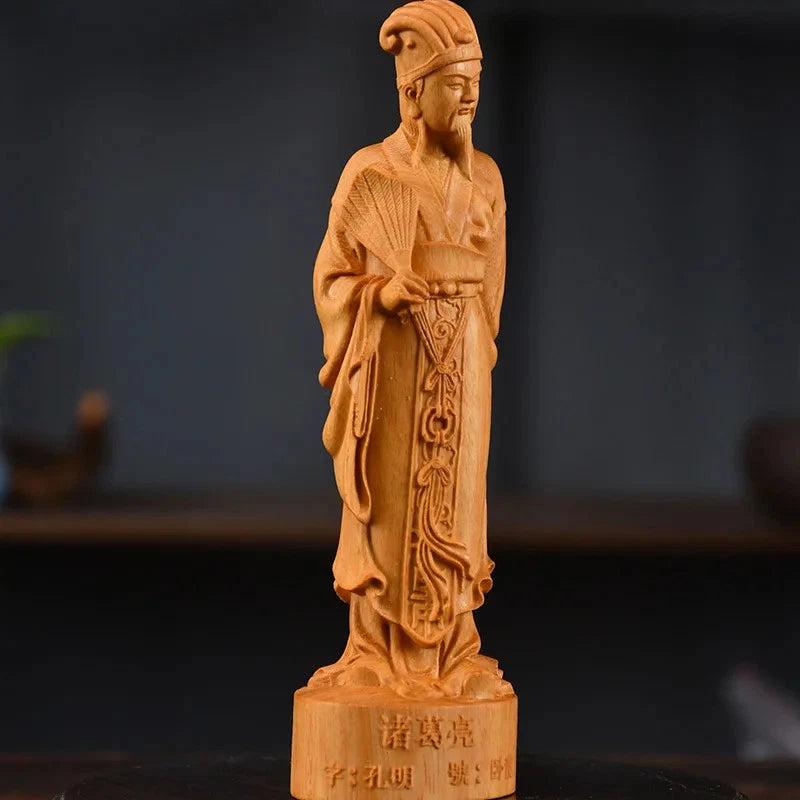 15cm Chinese Boxwood Hand-carved Zhuge Liang Sculptures Home Decoration 07FC0E-D4 - KOEEK