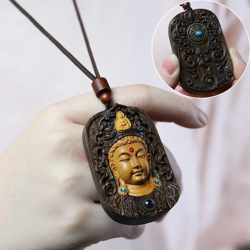 Sandalwood Handmade Carve Guanyin Bodhisattva Card Pendant Necklace Accessories 07FC0E-D4 - KOEEK