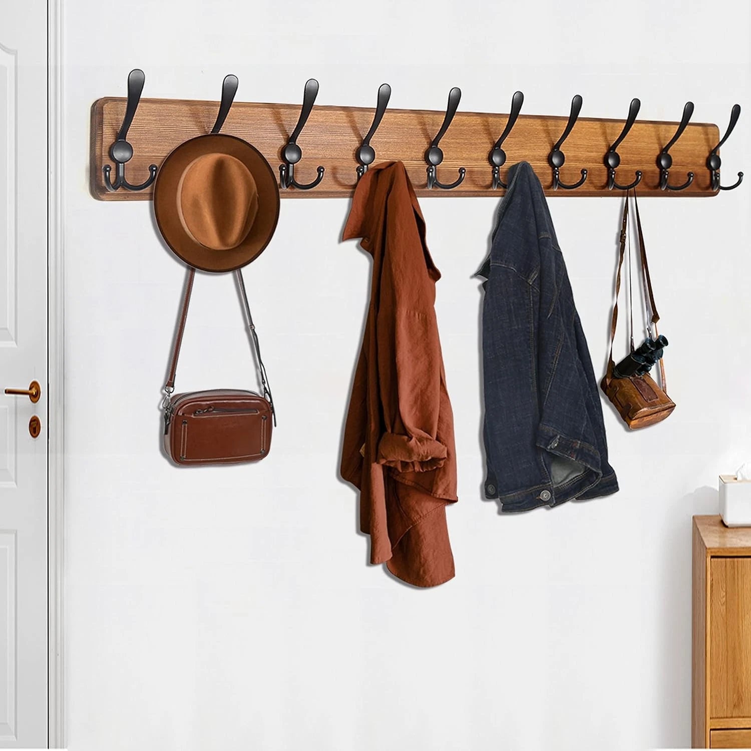 Wall-mounted coat rack, 38 9/16 inches long, 10 triple hooks, brown finish 07FC0E-D4 - KOEEK