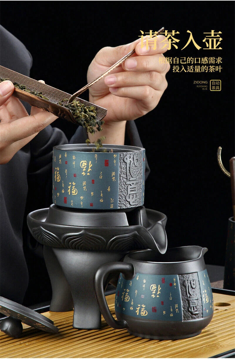 Chinese Style Purple Sand Kung Fu Teacup Teapot Tea Set 紫砂茶具套装 如意蓝石磨自动8头/11头 07FC0E-D4 - KOEEK