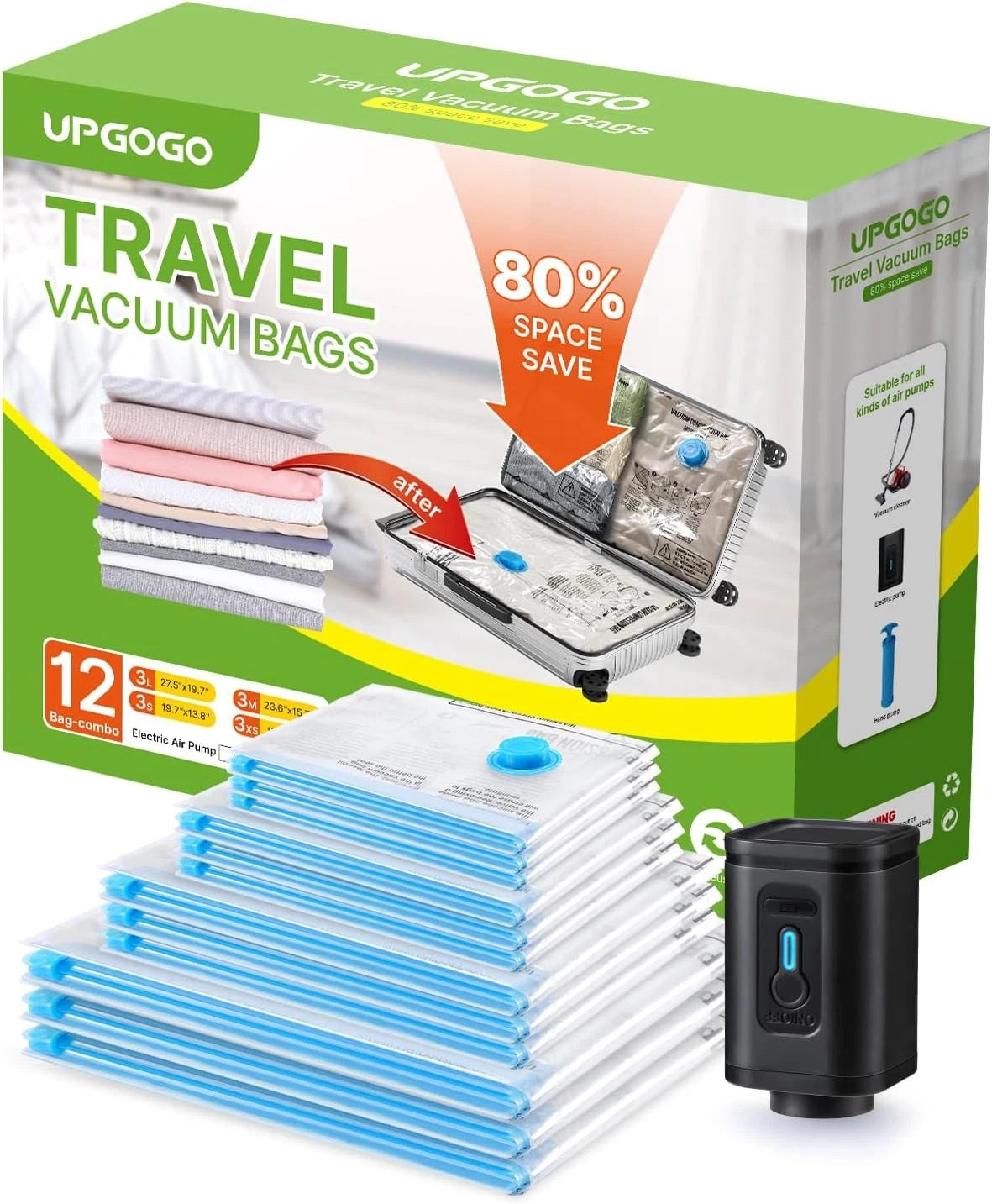 Set of 12 travel vacuum storage bags with portable electric pump