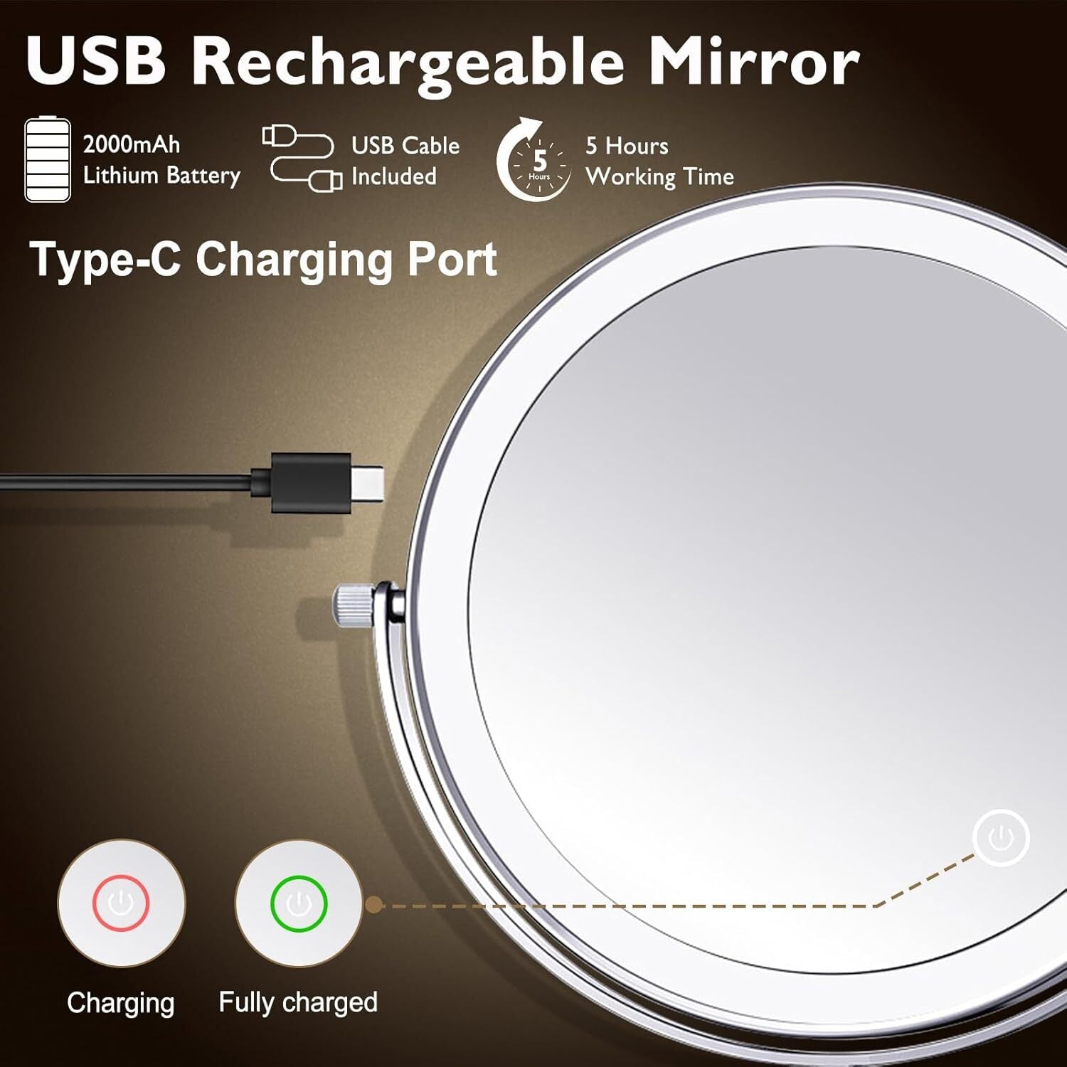 new 1X/15X Wall Mounted Makeup Mirror with Hook, USB Rechargeable LED 3 Silver 07FC0E-D4 - KOEEK