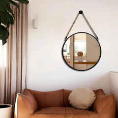 Round Hanging Mirror - Wall Mirrors Decorative 20" Rope Mirror Black Metal Frame