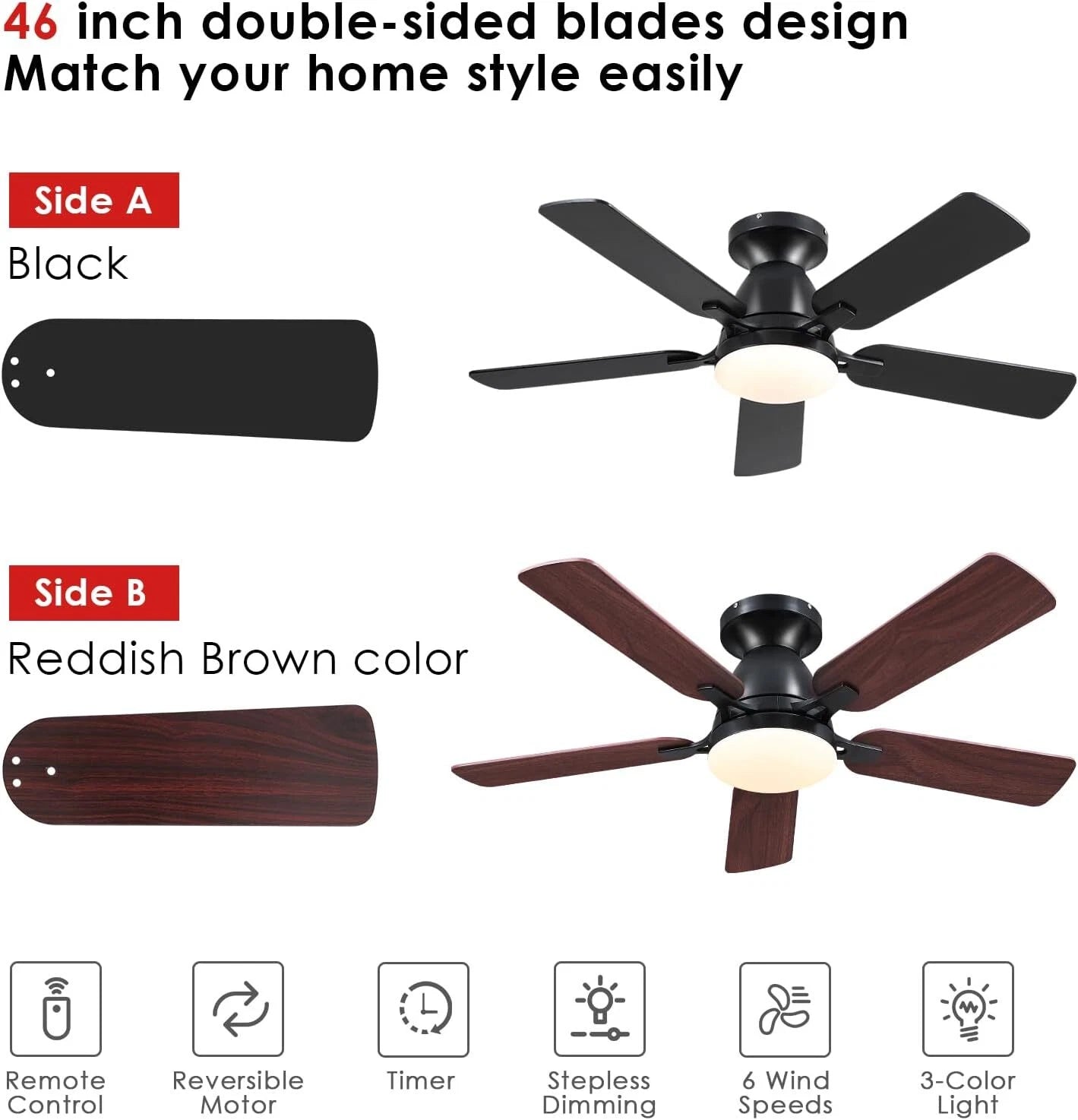 Ceiling Fans with Lights- 46"Low Profile Indoor Ceiling Fan with Light 07FC0E-D4 - KOEEK