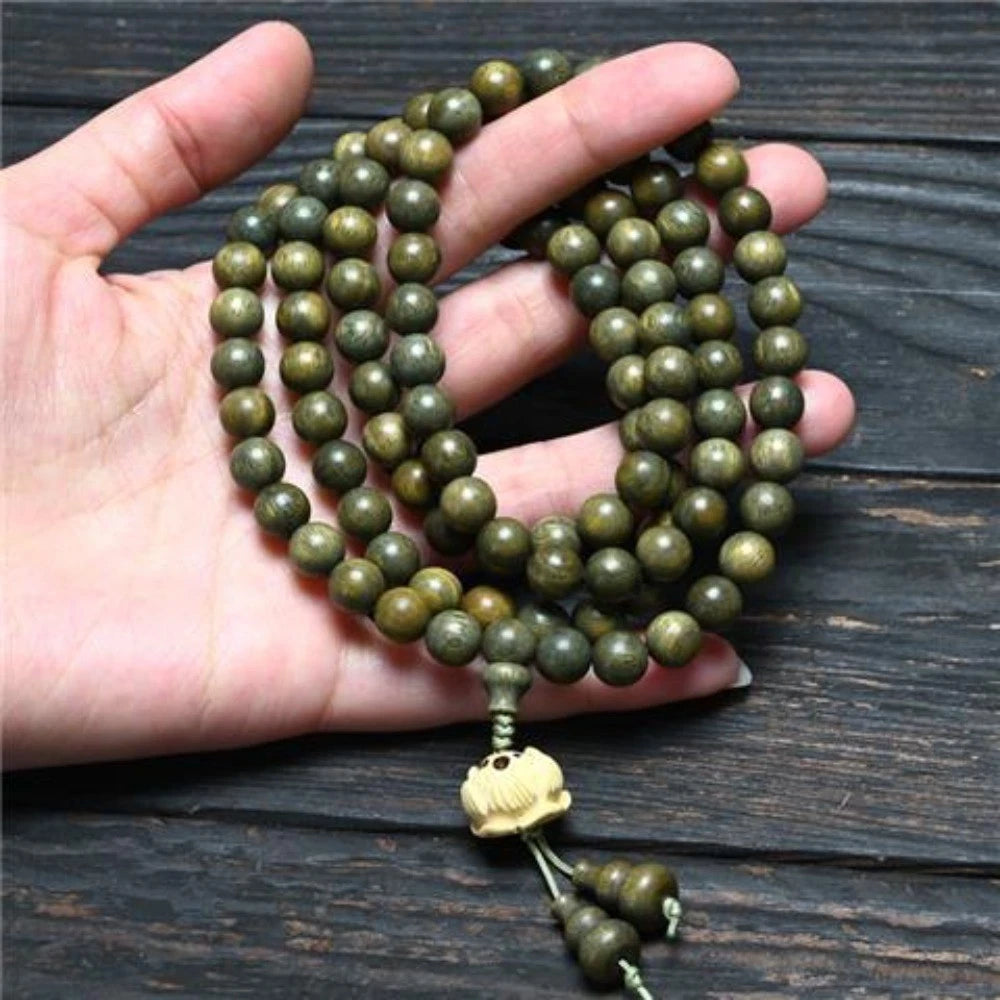 Green Sandalwood 108 Beads Lotus Mala Bracelet Unisex Prayer Jewelry 07FC0E-D4 - KOEEK