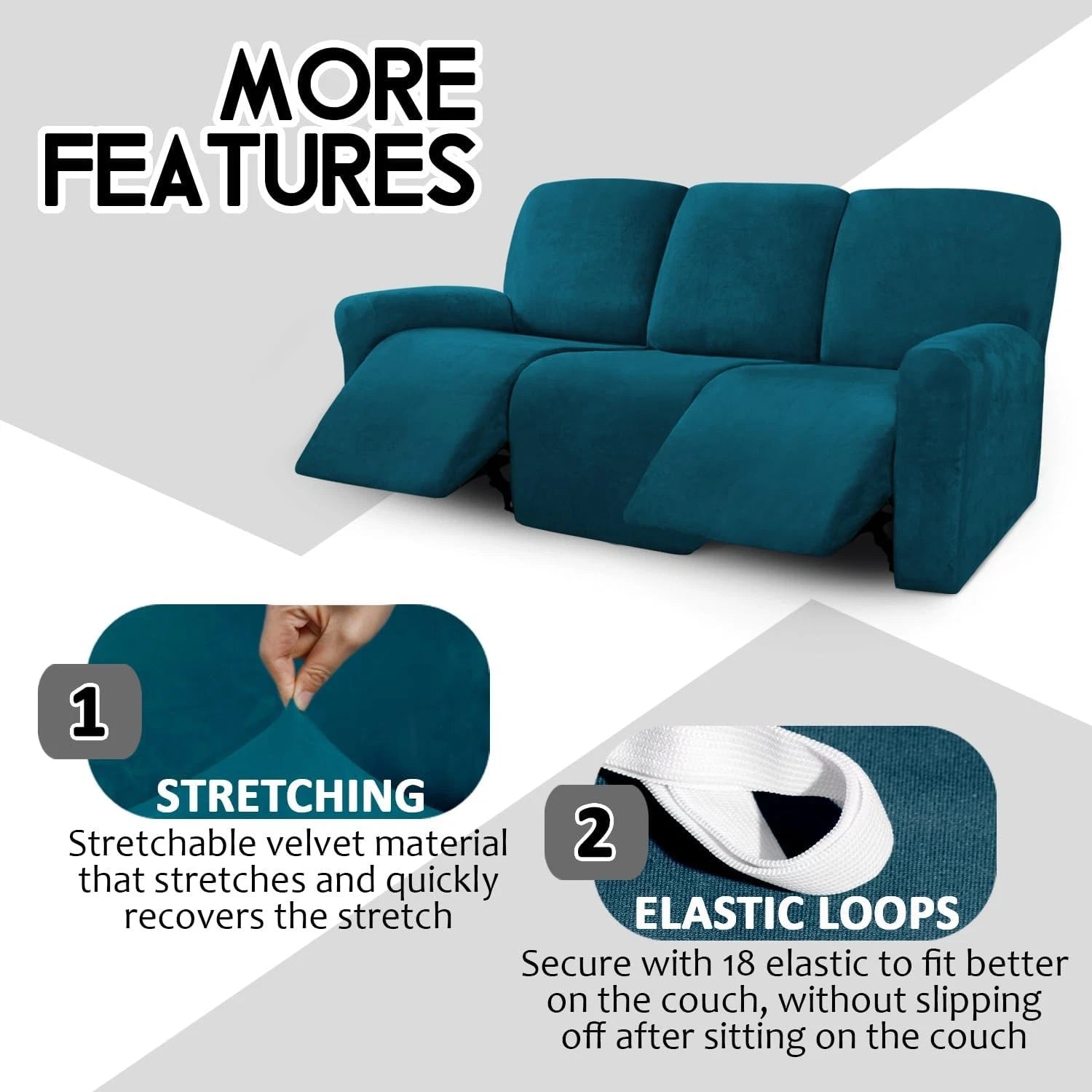 Velvet 8-piece recliner sofa cover set, suitable for 3-seater recliner sofas 07FC0E-D4 - KOEEK