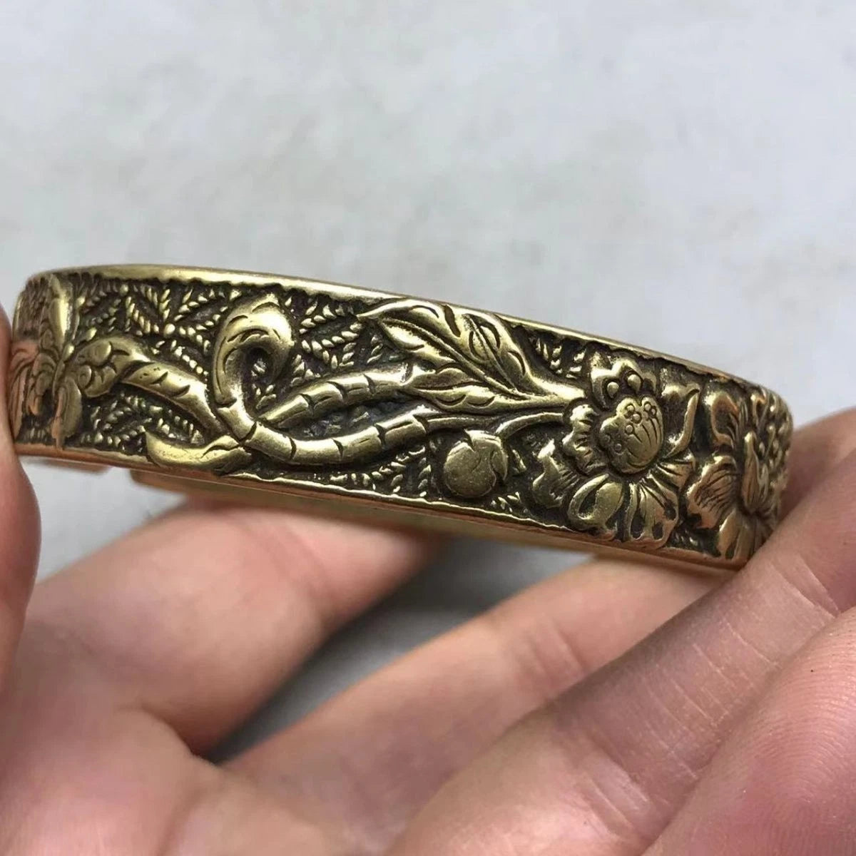 Brass Wide Peony Bangle Pure Copper Vintage Smooth Open Bracelet Unisex 07FC0E-D4 - KOEEK