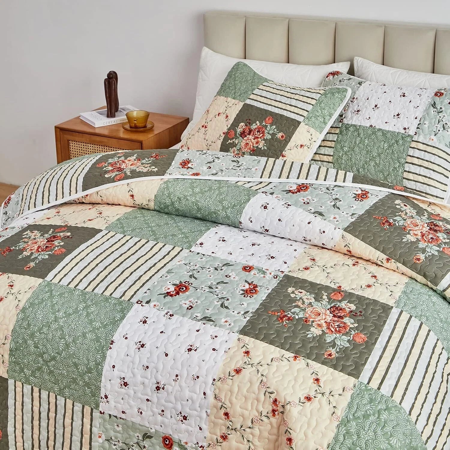 Patchwork Quilt Set Queen Size, 3 Pieces Green Floral Plaid Summer Coverlet Set 07FC0E-D4 - KOEEK