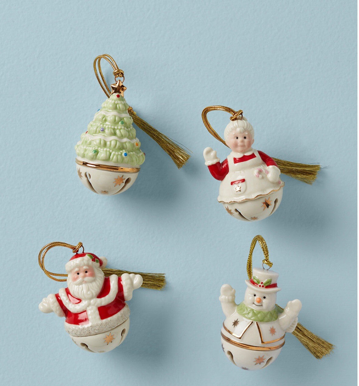 LENOX  Jingle Bell Ornament 4 PC. Set Mr&Mrs Claus Snowman $ Christmas Tree NIB LENOX - KOEEK