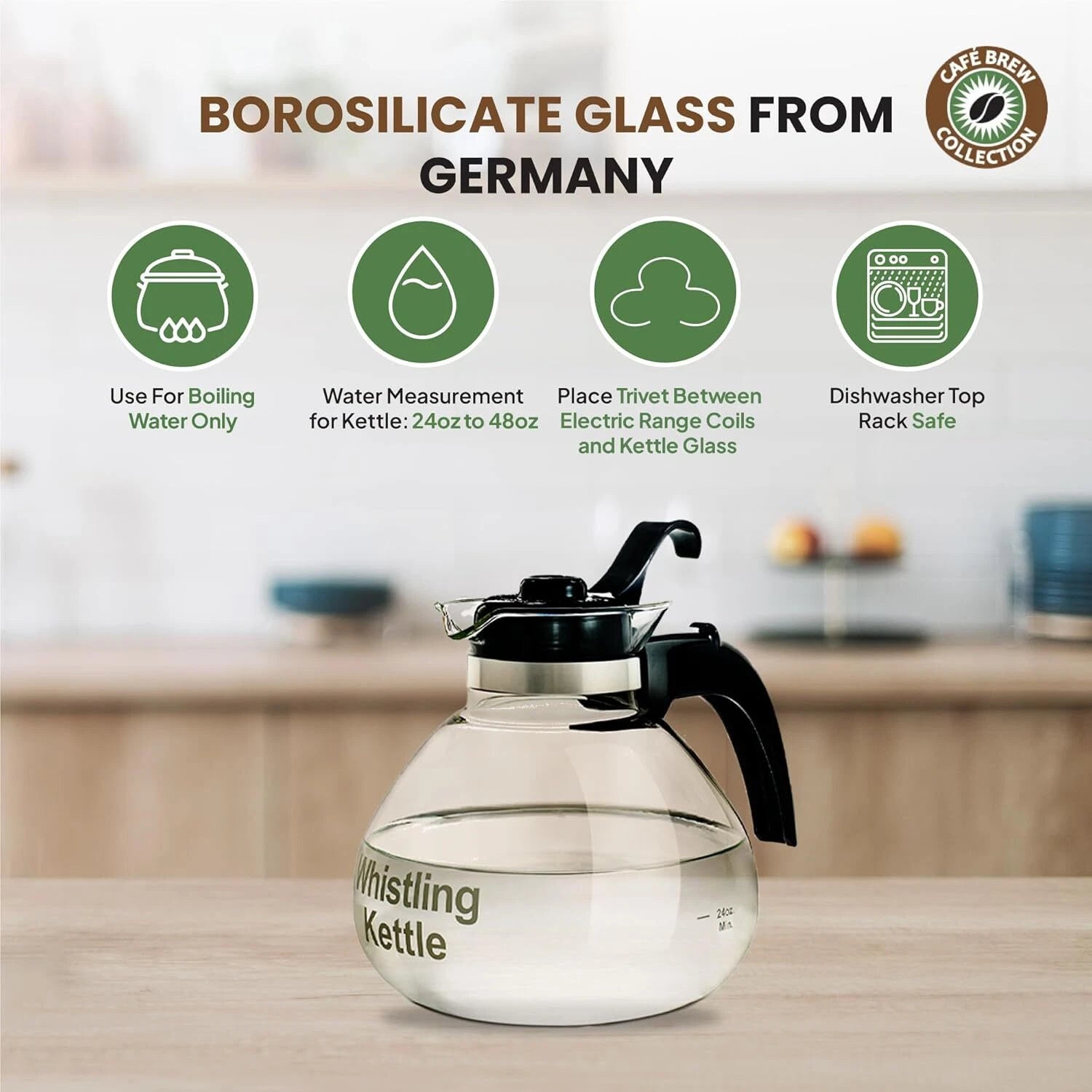 Borosilicate Glass Stove Top Whistling Tea Kettle 12 Cup/48oz Capacity -BPA-Free 07FC0E-D4 - KOEEK