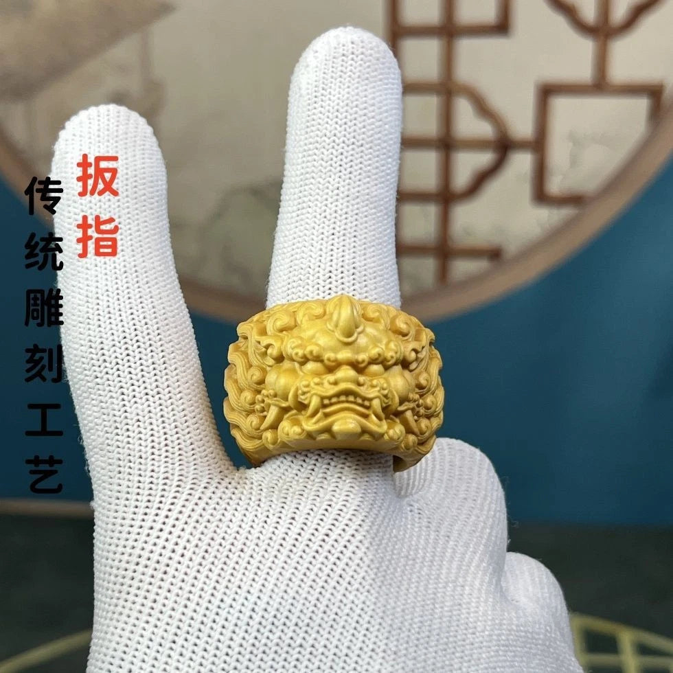 Boxwood Carved Pi Xiu Ring Wealth Hand Piece Fidget Decor Gift for Men 07FC0E-D4 - KOEEK
