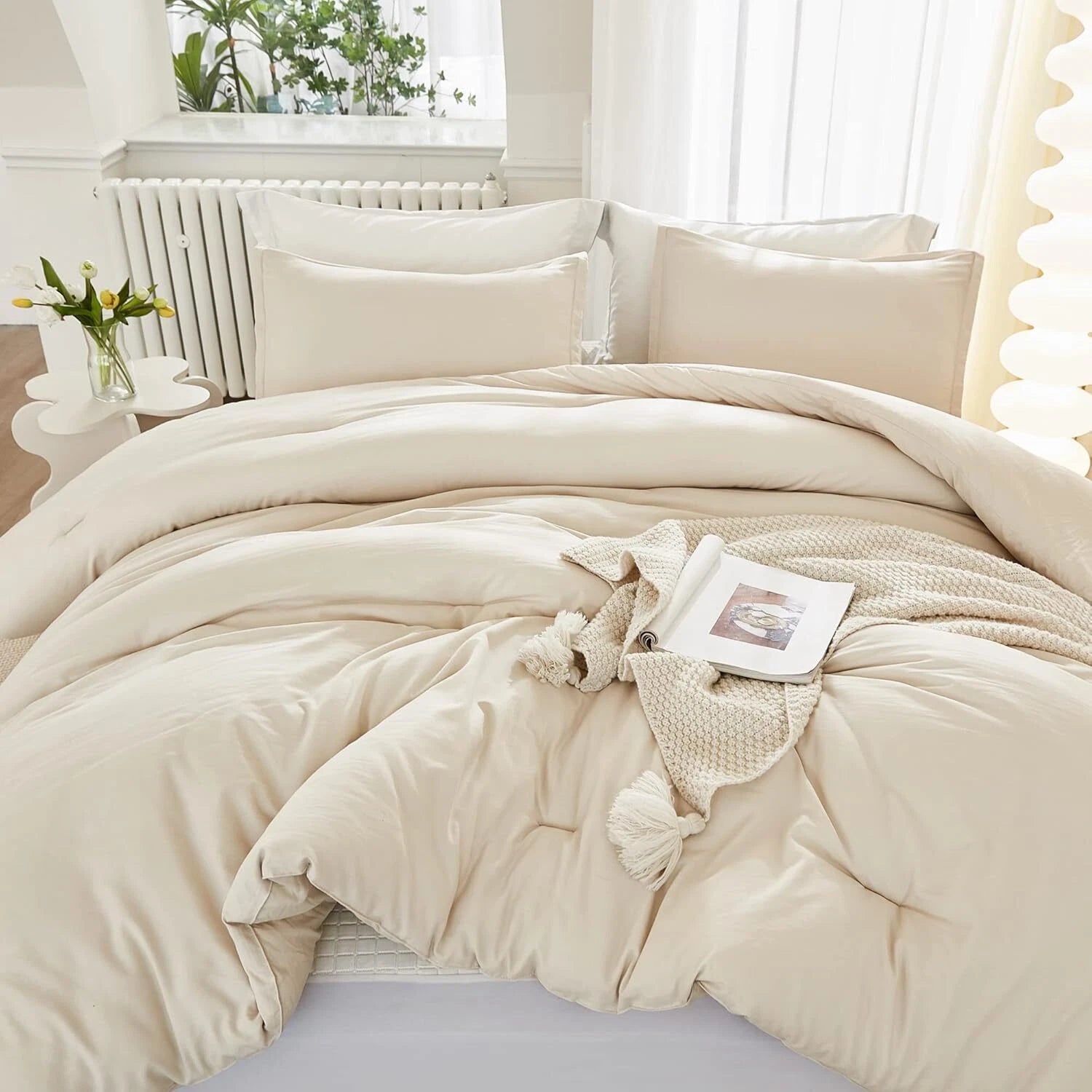 King Size Beige Comforter, 3-Piece Lightweight Bedding Comforter Set 07FC0E-D4 - KOEEK