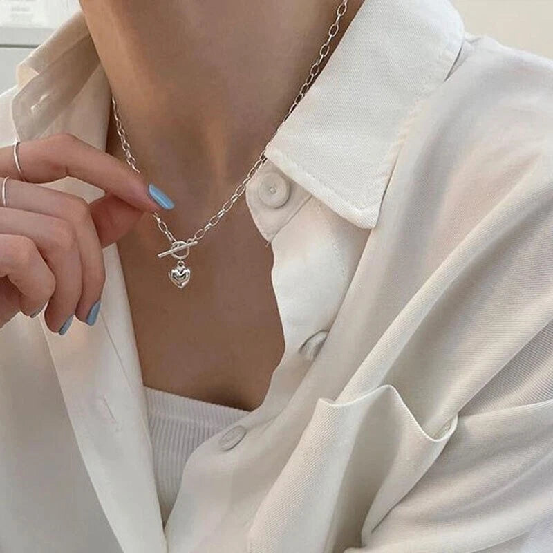 925 Sterling Silver Vintage Cable Chain Heart Pendant Trendy Stylish Necklace 07FC0E-D4 - KOEEK