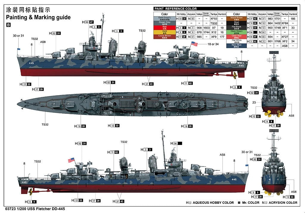 STOCK 03723 1:200 USS NAVY Fletcher Destroyer DD-445 Model Assembly Kit 07FC0E-D4 - KOEEK
