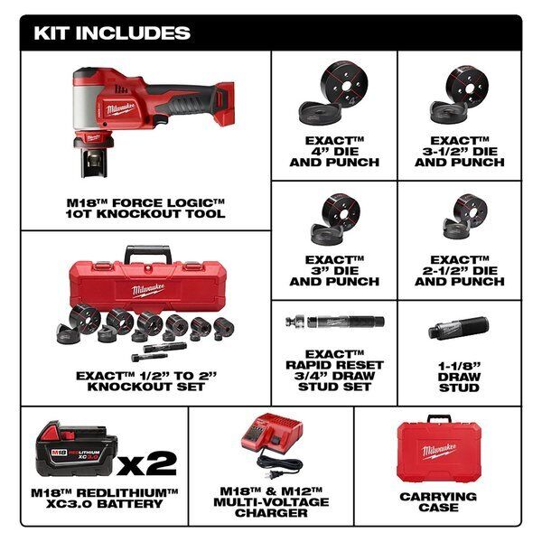 nyt Milwaukee Tool 2676-23 M18 Force Logic 10 Ton Knockout Tool til 4" sæt