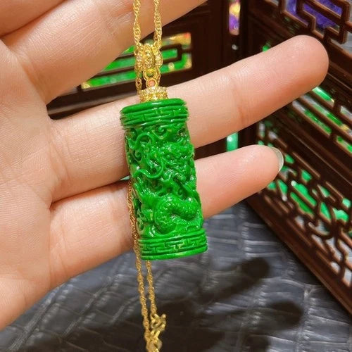 Full Green Cylinder Carved Dragon Pendant Chinese Style Vintage Jewelry 07FC0E-D4 - KOEEK