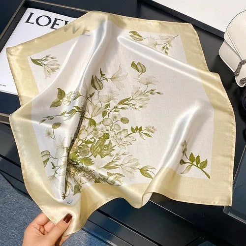 Silk Scarf Bandana Women Yellow Beige Flowers Neckerchief Turban 53*53cm 07FC0E-D4 - KOEEK