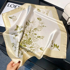 Silk Scarf Bandana Women Yellow Beige Flowers Neckerchief Turban 53*53cm 07FC0E-D4 - KOEEK