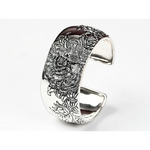 Vintage Wide Cuff Bracelet Peony Flower Open Bangle Ethnic Chic Women Jewelry 07FC0E-D4 - KOEEK