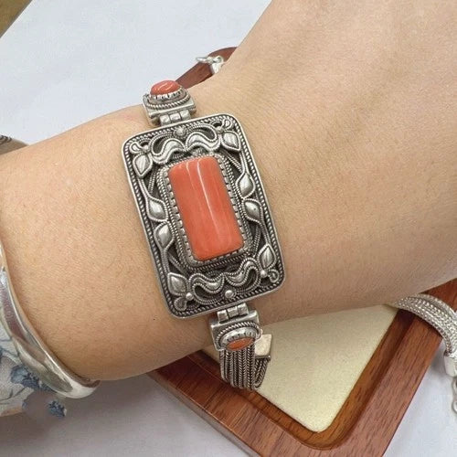Mongolian Bracelet Vintage Red Inlay Square Ethnic Silver Chain Bracelet Gift 07FC0E-D4 - KOEEK