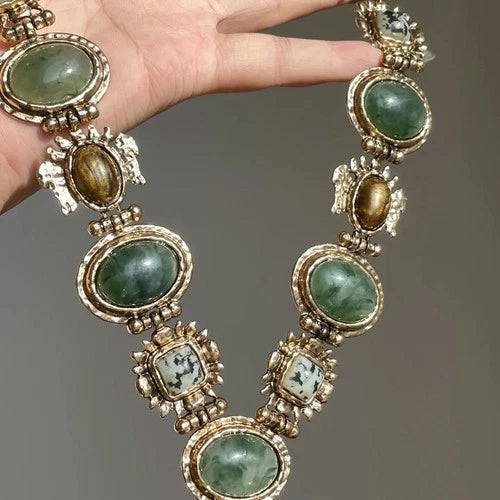 Vintage Court Necklace Green Stone Tiger Eye Pearl Double Layer Choker 07FC0E-D4 - KOEEK